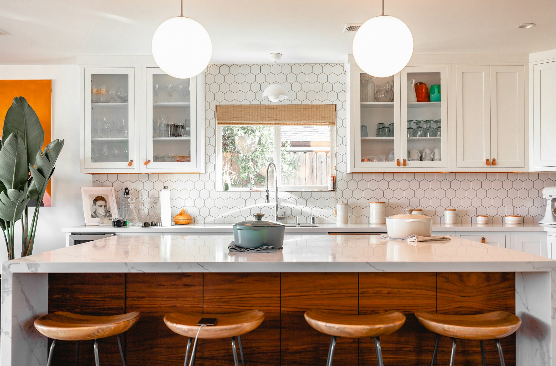 Marble kitchen with wood bar stools